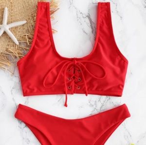 Zaful Red Lace-Up Bikini - New